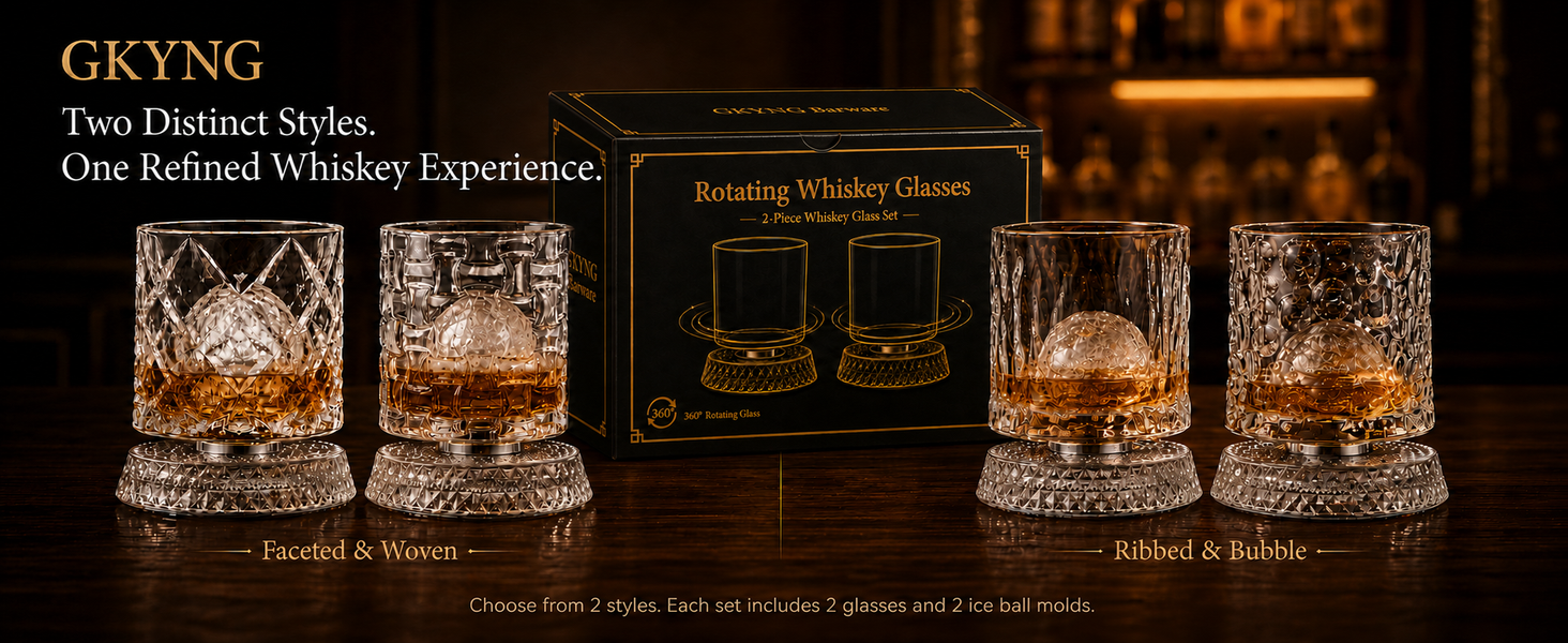 GKYNG rotating whiskey glass styles and retail packaging