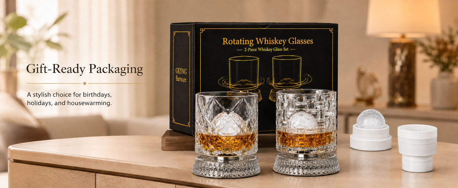 GKYNG rotating whiskey glasses with packaging and silicone ice ball molds